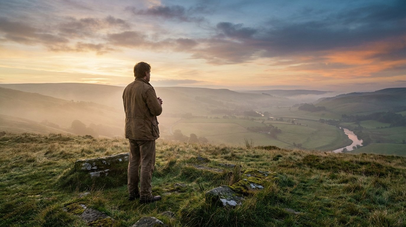 Un homme contemple une vaste vallée verdoyante et brumeuse au lever du jour, les mains jointes dans une posture de prière.