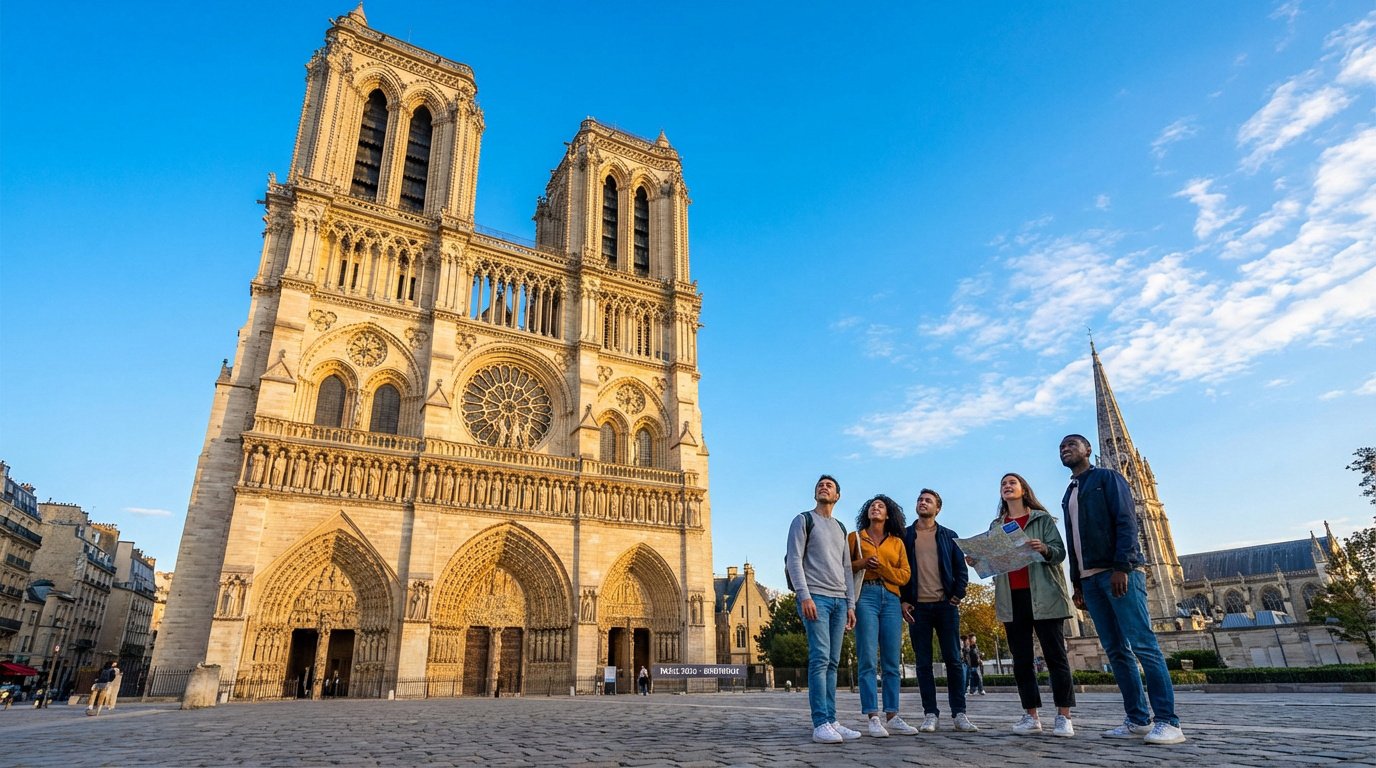 Quatre jeunes adultes, l'une avec une carte, admirent la façade ouest de la Cathédrale Notre-Dame de Paris sous un ciel bleu clair.