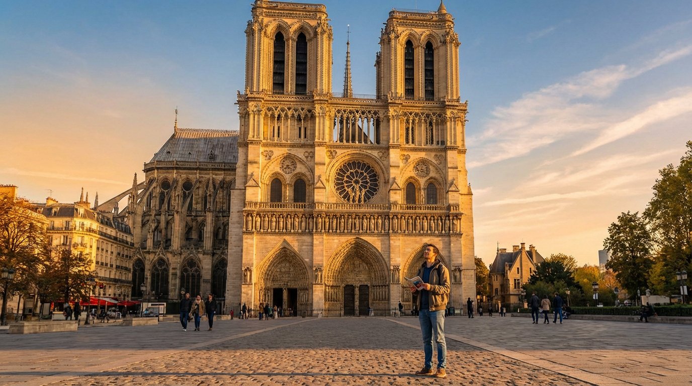 A man holds a guide, looking up at the intricate Gothic facade of Notre Dame Cathedral in Paris under a warm, golden sky.