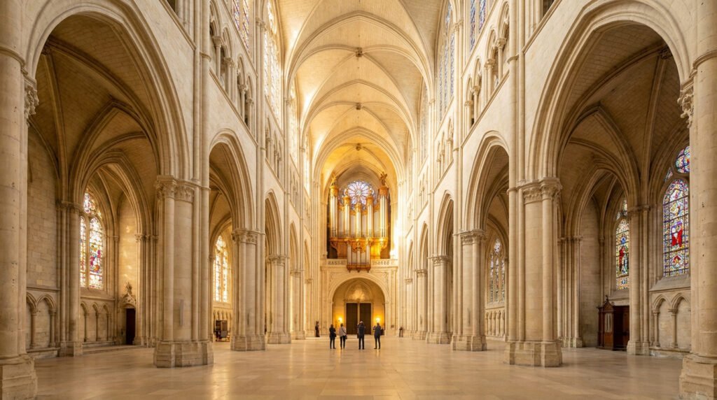 View of Notre Dame's vast restored interior, showing tall gothic arches, stained glass, grand pipe organ, and people.