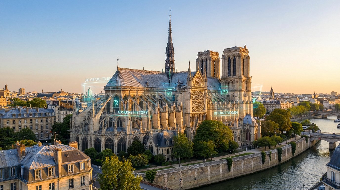 Aerial view of Notre Dame Cathedral at sunset with augmented reality overlays showing "360 VIRTUAL TOUR" and "EXPLORE HISTORY".
