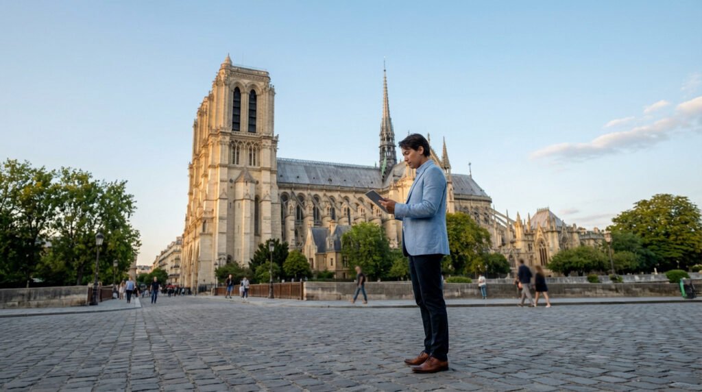 A man in a light blue blazer reviews a tablet on a cobblestone street, with Notre Dame Cathedral visible behind him under a blue sky.