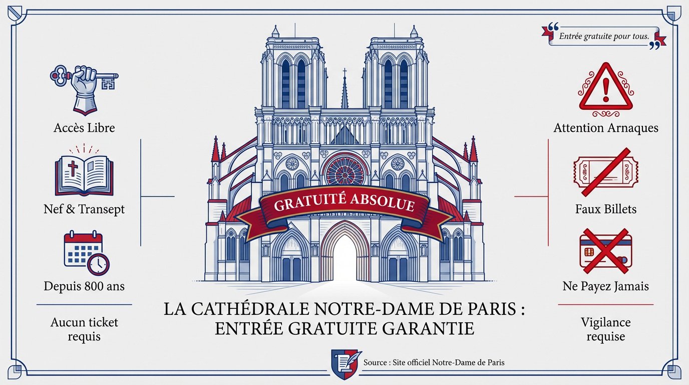 Vue de la façade de la cathédrale Notre-Dame de Paris avec son entrée gratuite pour les visiteurs