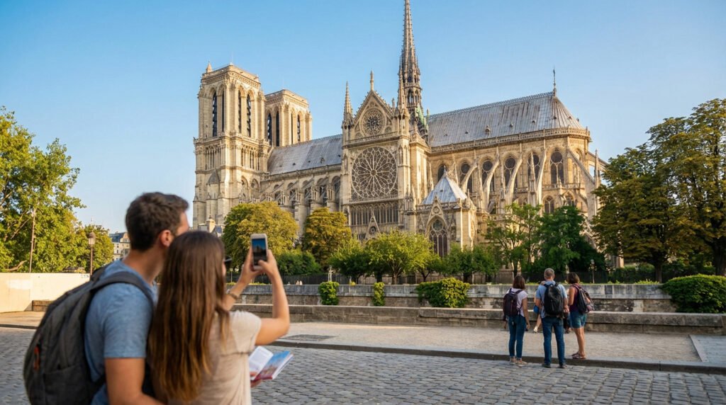 Des touristes observent et photographient la majestueuse cathédrale Notre-Dame de Paris sous un ciel bleu clair.