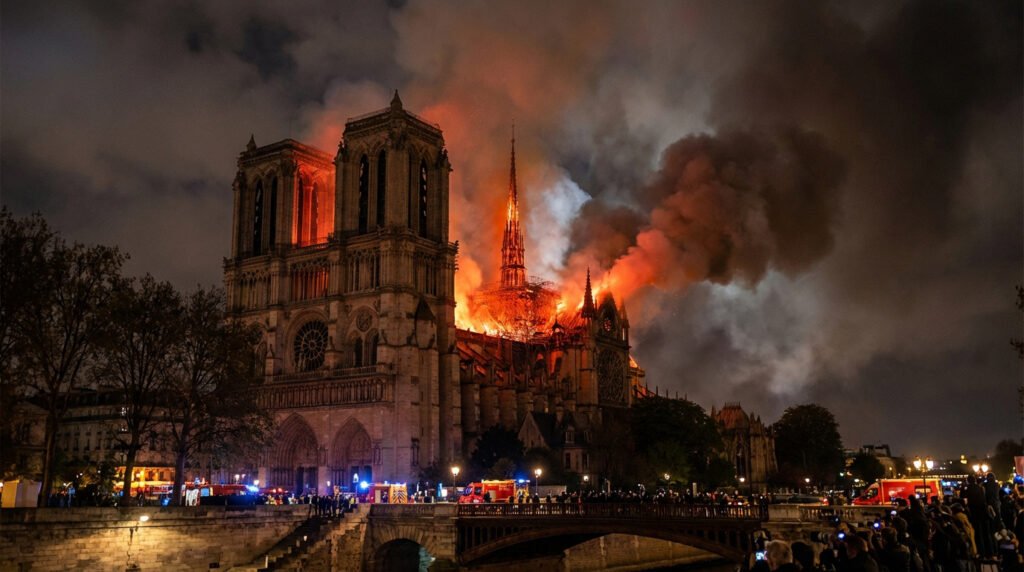 Vue nocturne de Notre-Dame de Paris en flammes, la toiture et la flèche embrasées, épaisse fumée. Pompiers et foule observent.