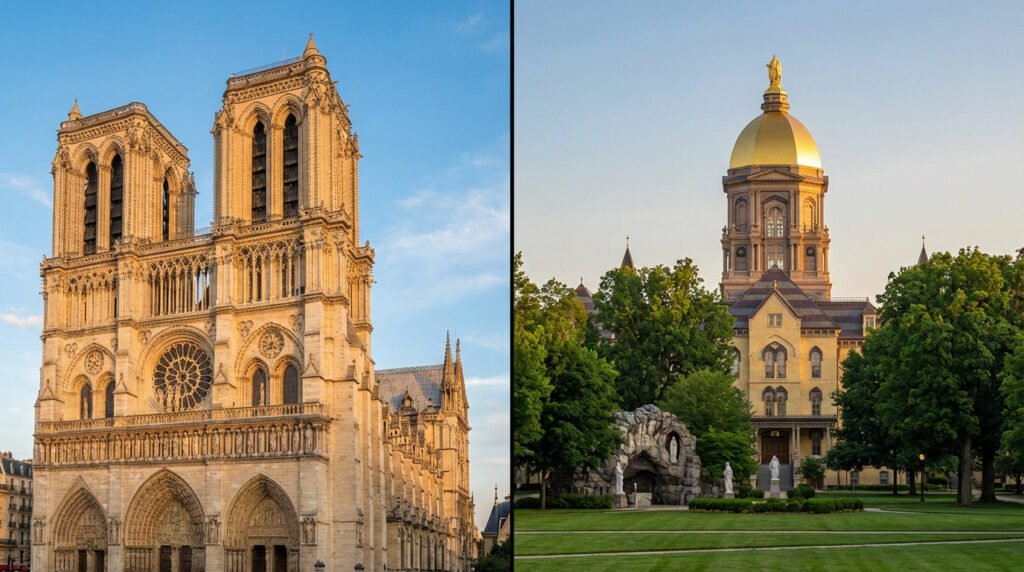 Split image of Notre Dame Cathedral in Paris (left) and the University of Notre Dame's Golden Dome and Grotto in Indiana (right).