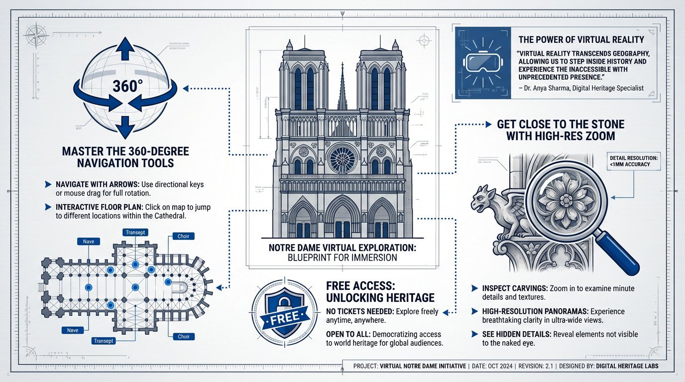 Digital blueprint and 360-degree view of Notre Dame Cathedral interior