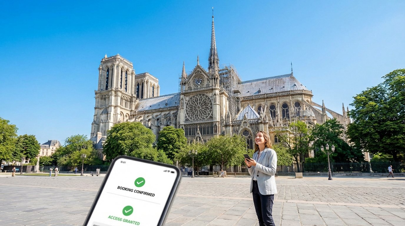Smiling woman holds a phone in front of Notre Dame Cathedral (under restoration), while another phone shows "Booking Confirmed."